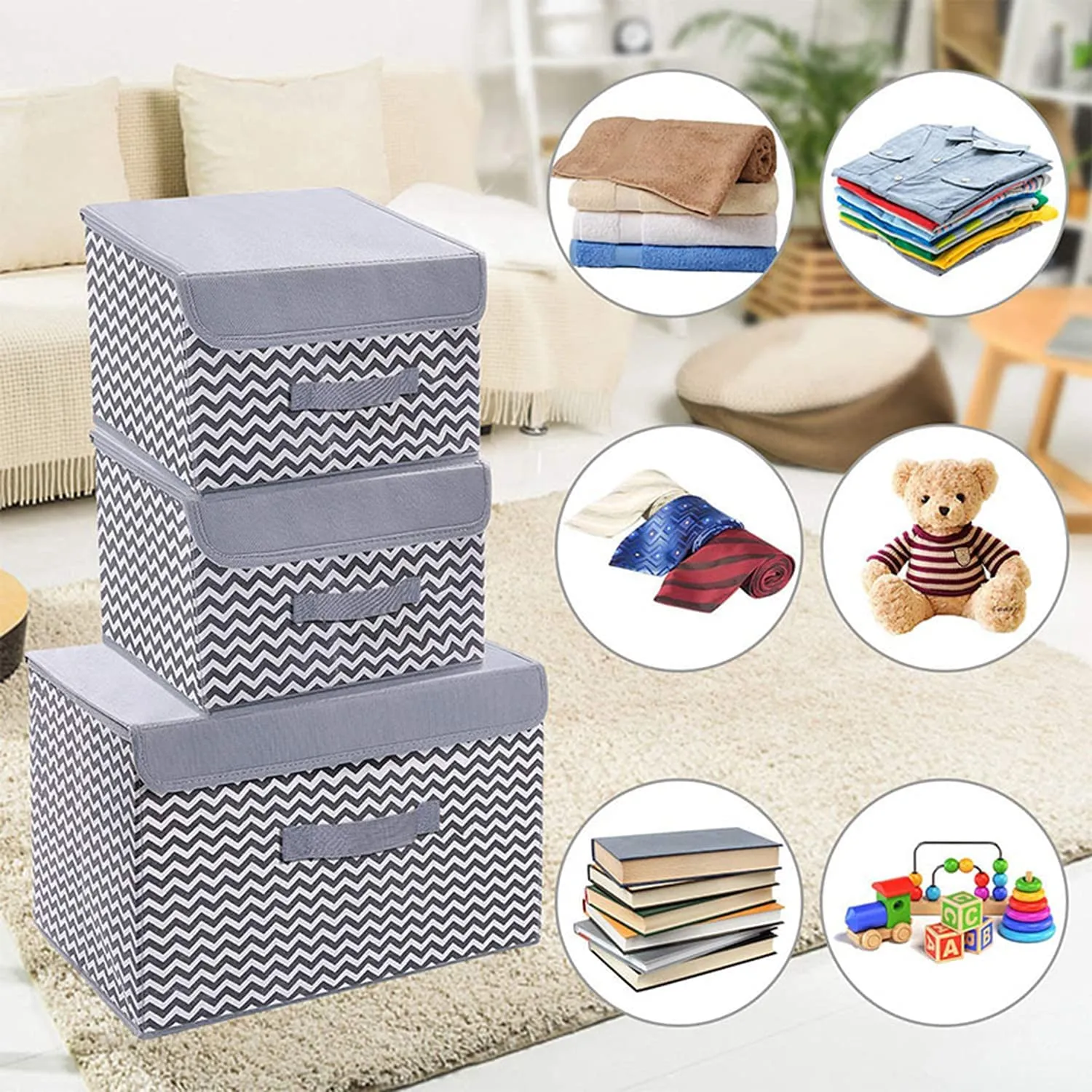 FLYNGO 3 Pcs Foldable Storage Organizer Box with Lid and Handle, Versatile Storage Baskets Bins for Clothes, Toys, Books, and Other Supplies (1 Large   2 Small)