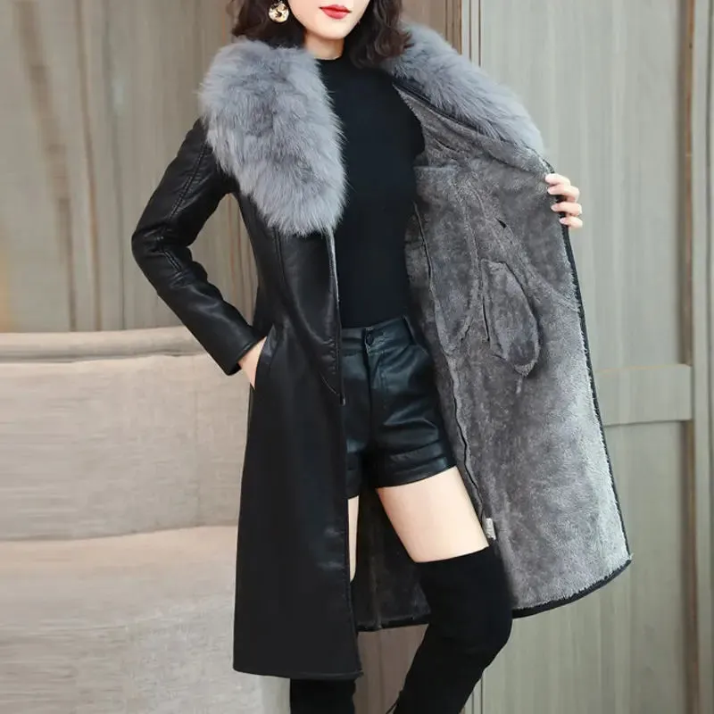 Flytonn-PU Leather Fur Collar Winter Coat Women Solid Adjustable Waist Mid-Length Slim Jacket 2023 New Fashion Lady Casual Warm Outwear