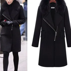 Fox Fur Collar Solid Color Slim Thick Woolen Coat