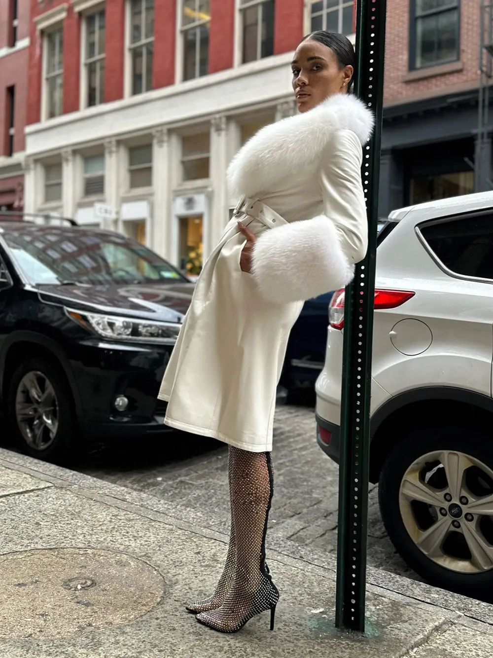 Foxy Leather Coat w/ Fox Fur In White