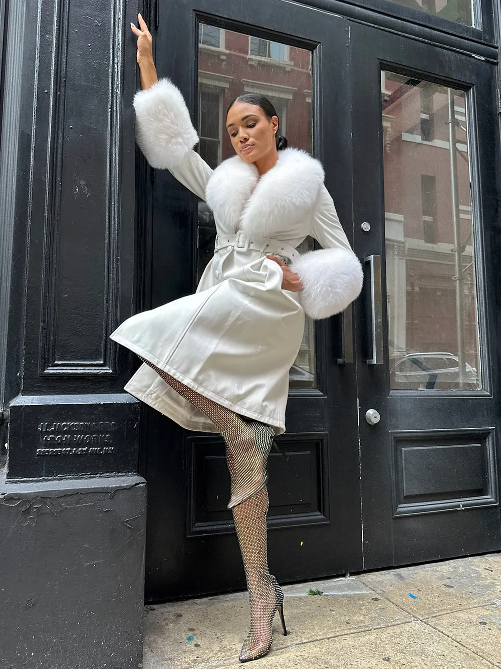 Foxy Leather Coat w/ Fox Fur In White