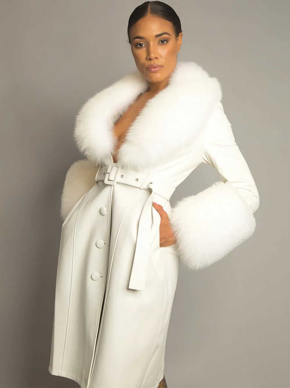 Foxy Leather Coat w/ Fox Fur In White