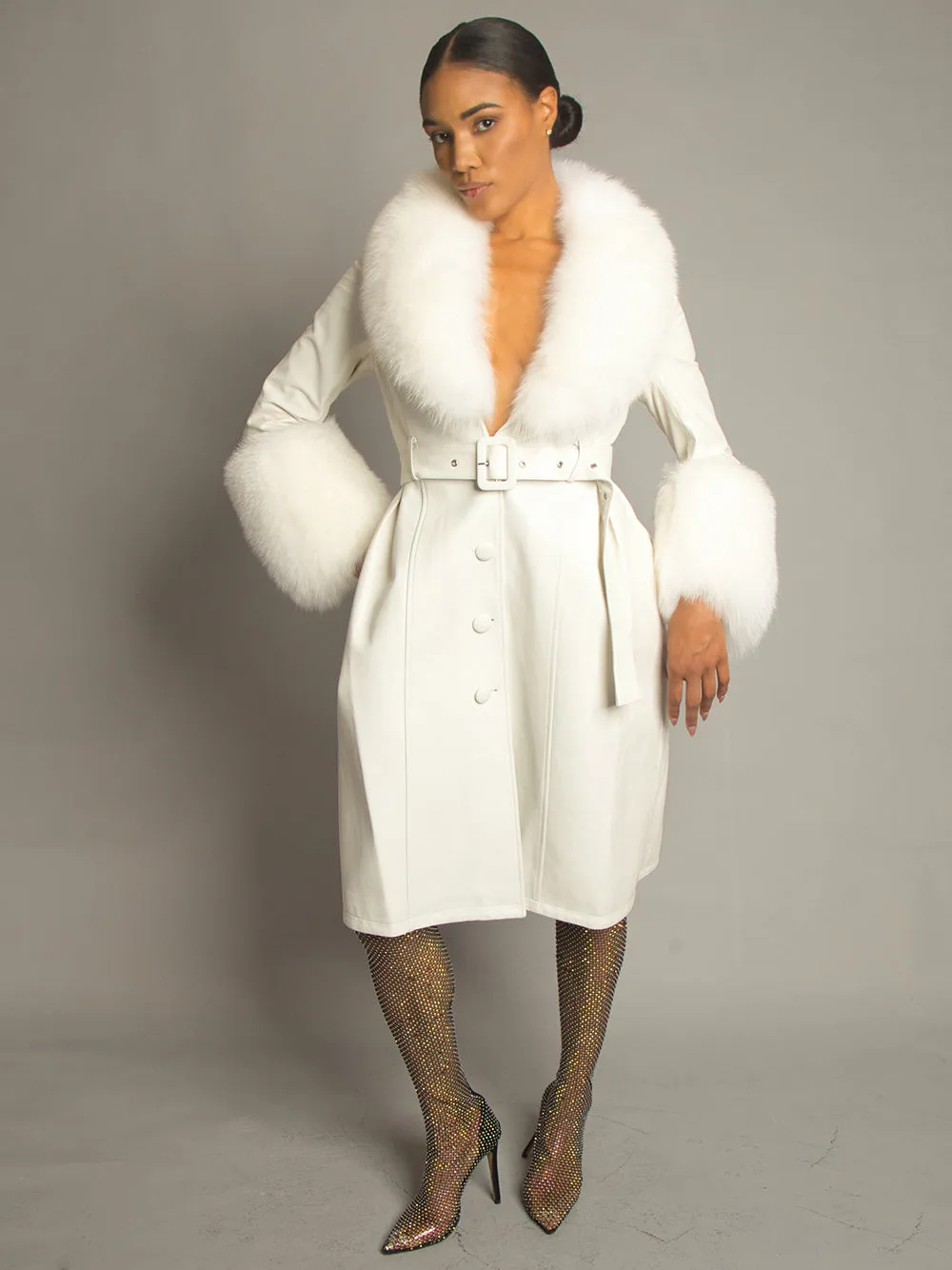 Foxy Leather Coat w/ Fox Fur In White