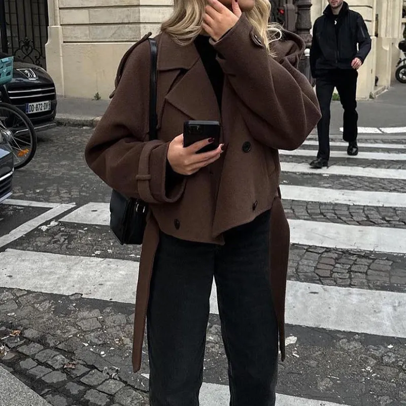 Girlary-shop fall fashion Autumn and Winter Women's Woolen Coat Personality Street Suit Collar Lace-up Long-Sleeved Jacket Coat for Women