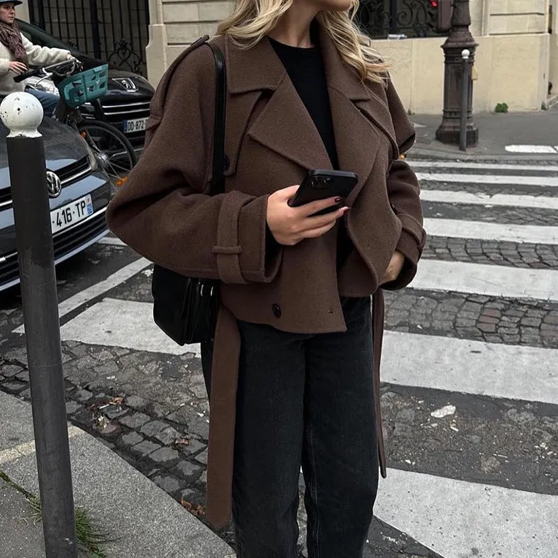 Girlary-shop fall fashion Autumn and Winter Women's Woolen Coat Personality Street Suit Collar Lace-up Long-Sleeved Jacket Coat for Women