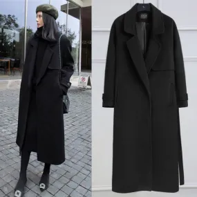 Girlary-shop going out outfits Black Woolen Coat Women's Mid-Length Korean Style Coat New Autumn and Winter over-the-Knee Hepburn Style Woolen Fashion