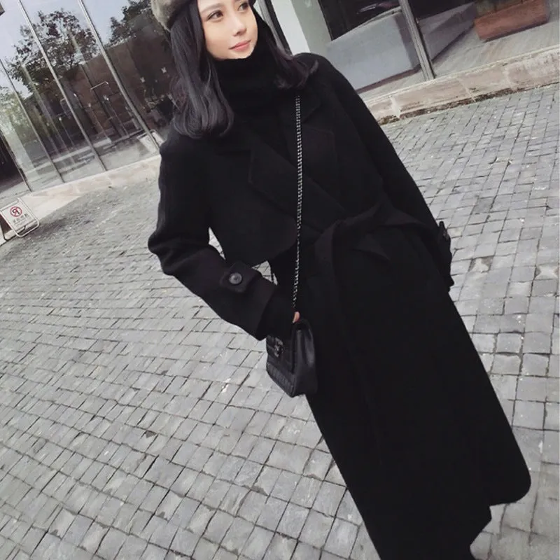Girlary-shop going out outfits Black Woolen Coat Women's Mid-Length Korean Style Coat New Autumn and Winter over-the-Knee Hepburn Style Woolen Fashion
