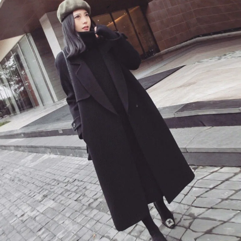 Girlary-shop going out outfits Black Woolen Coat Women's Mid-Length Korean Style Coat New Autumn and Winter over-the-Knee Hepburn Style Woolen Fashion