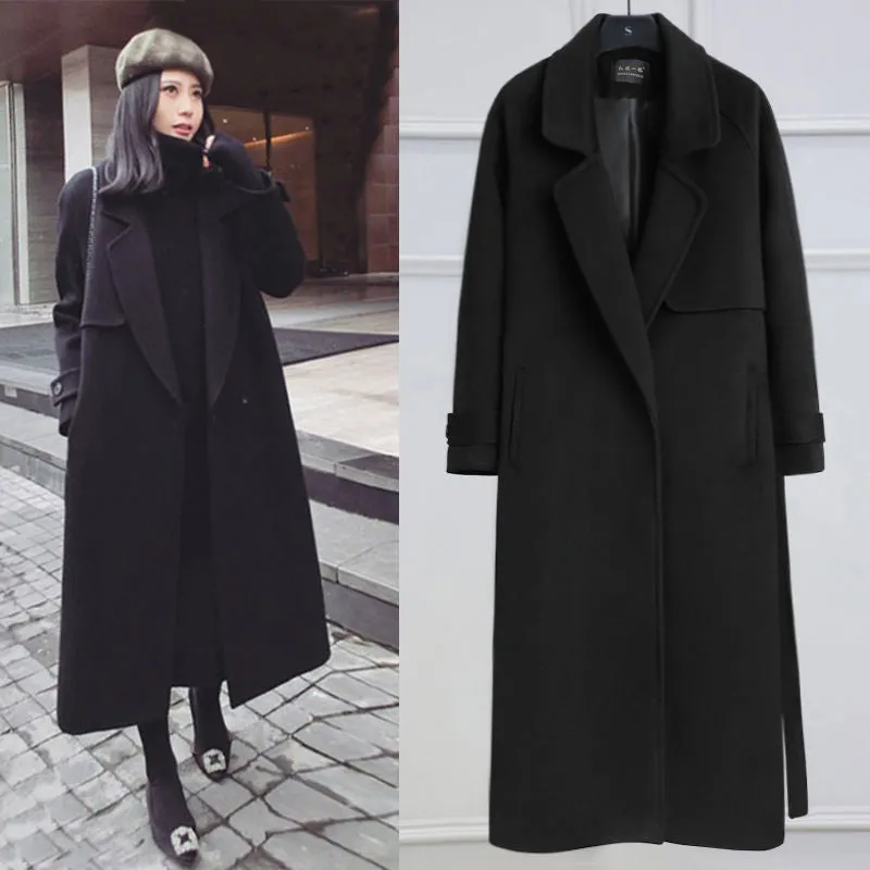 Girlary-shop going out outfits Black Woolen Coat Women's Mid-Length Korean Style Coat New Autumn and Winter over-the-Knee Hepburn Style Woolen Fashion