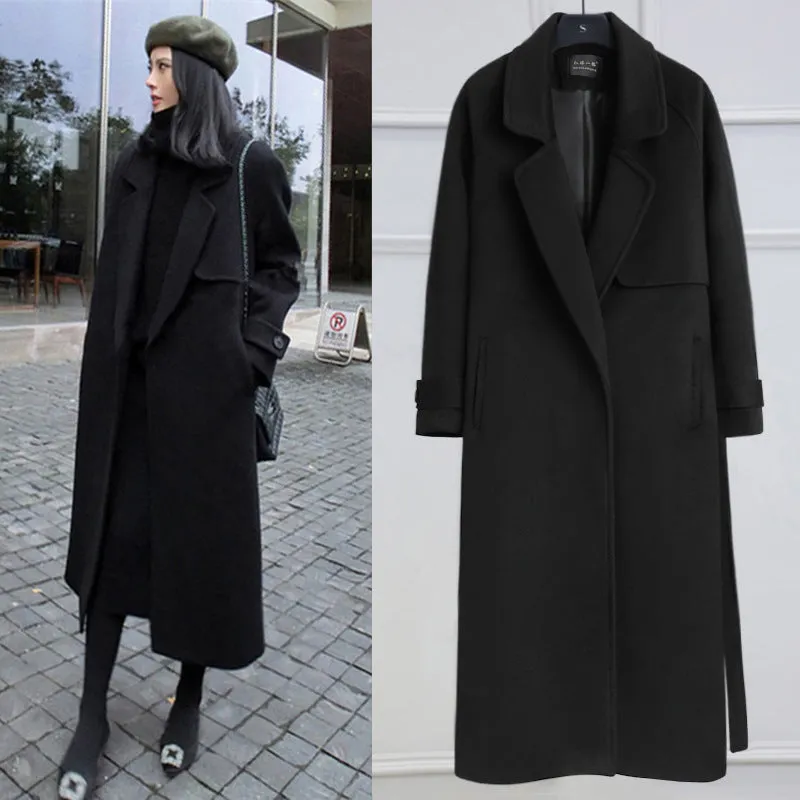 Girlary-shop going out outfits Black Woolen Coat Women's Mid-Length Korean Style Coat New Autumn and Winter over-the-Knee Hepburn Style Woolen Fashion