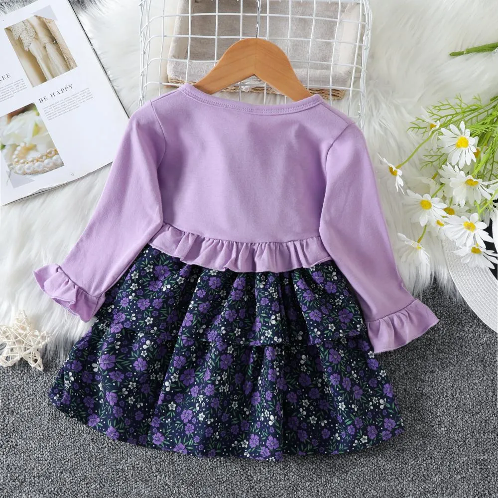 Girls Autumn Solid Color Long Sleeve Lace-Up Coat Floral Sling Dress Two Piece Set Wholesale
