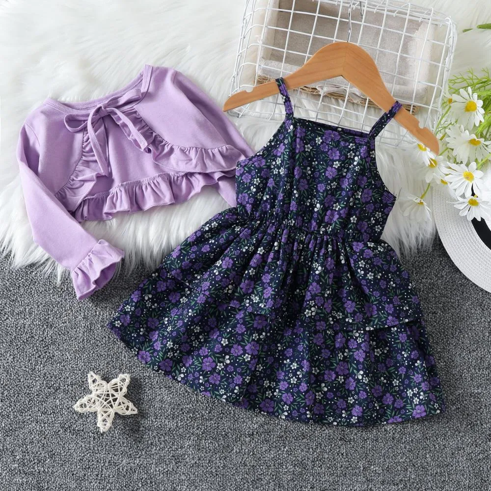 Girls Autumn Solid Color Long Sleeve Lace-Up Coat Floral Sling Dress Two Piece Set Wholesale