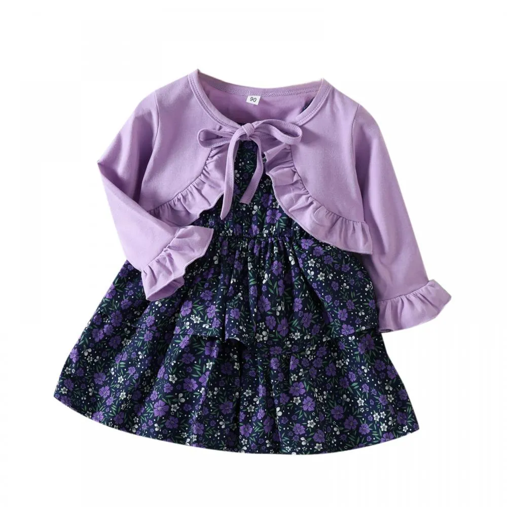 Girls Autumn Solid Color Long Sleeve Lace-Up Coat Floral Sling Dress Two Piece Set Wholesale
