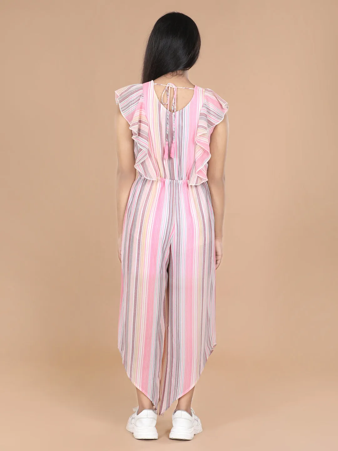 Girl's  Striped Polyester Jumpsuit With Asymmetric Hemline - StyleStone Kid