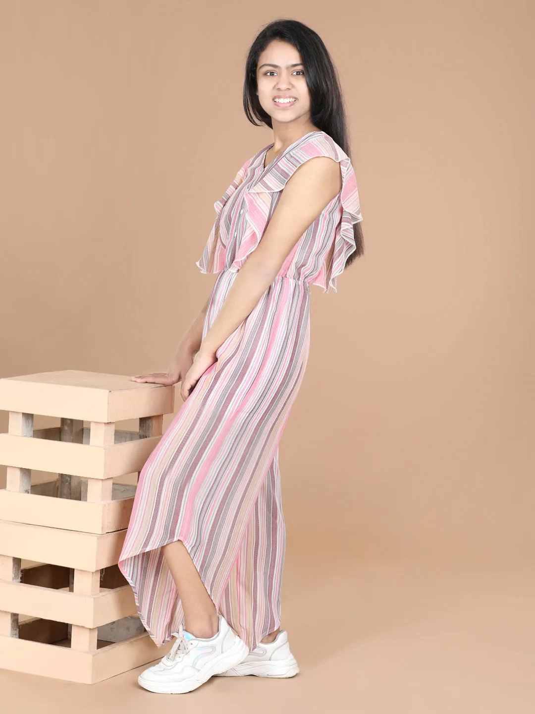 Girl's  Striped Polyester Jumpsuit With Asymmetric Hemline - StyleStone Kid