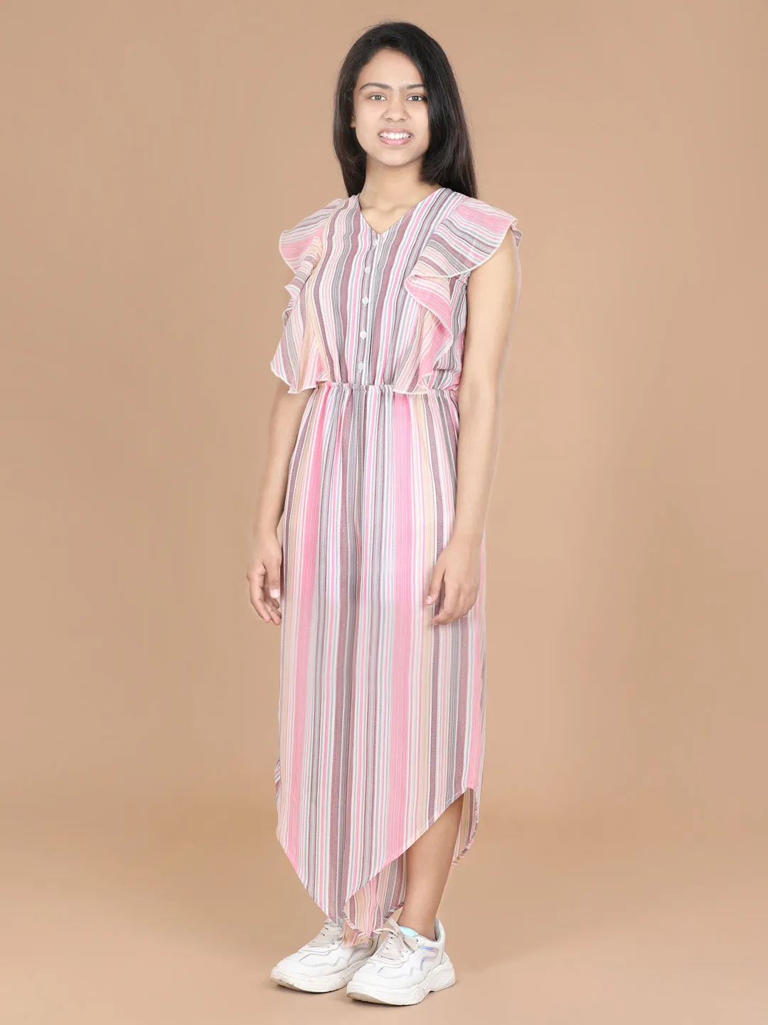 Girl's  Striped Polyester Jumpsuit With Asymmetric Hemline - StyleStone Kid