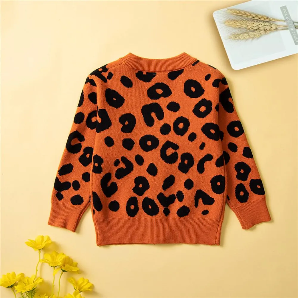 Girls Sweater Coat Autumn and Winter Leopard Print Knitted Cardigan Wholesale Girls Clothes
