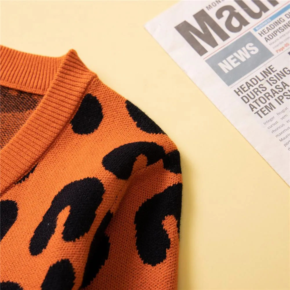 Girls Sweater Coat Autumn and Winter Leopard Print Knitted Cardigan Wholesale Girls Clothes