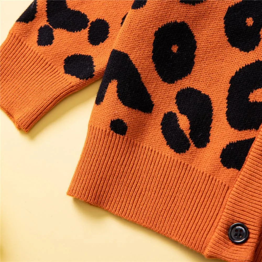 Girls Sweater Coat Autumn and Winter Leopard Print Knitted Cardigan Wholesale Girls Clothes