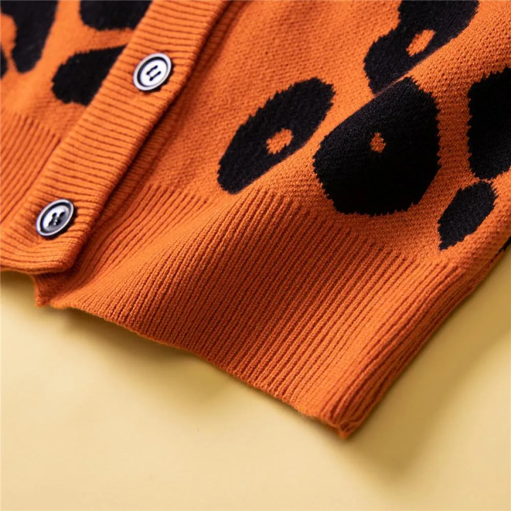 Girls Sweater Coat Autumn and Winter Leopard Print Knitted Cardigan Wholesale Girls Clothes