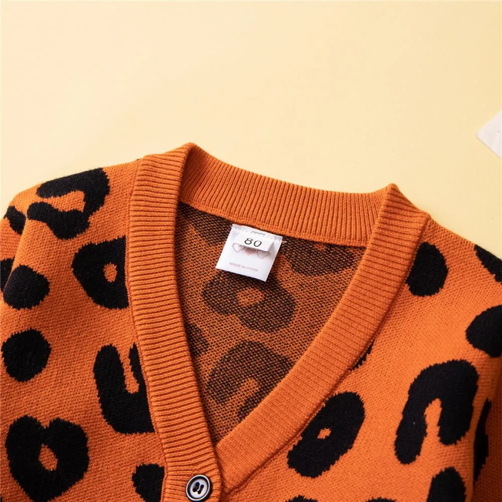 Girls Sweater Coat Autumn and Winter Leopard Print Knitted Cardigan Wholesale Girls Clothes