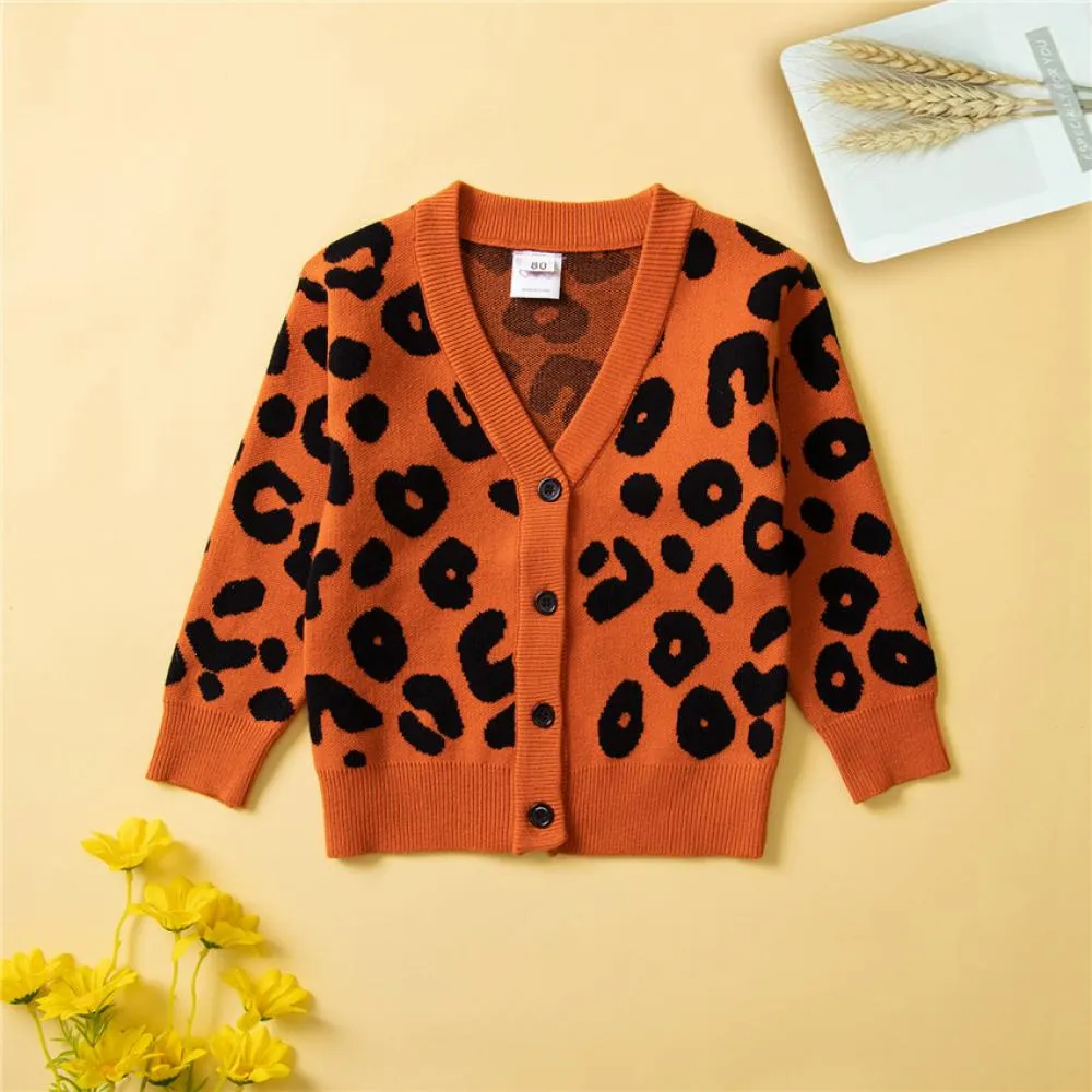 Girls Sweater Coat Autumn and Winter Leopard Print Knitted Cardigan Wholesale Girls Clothes