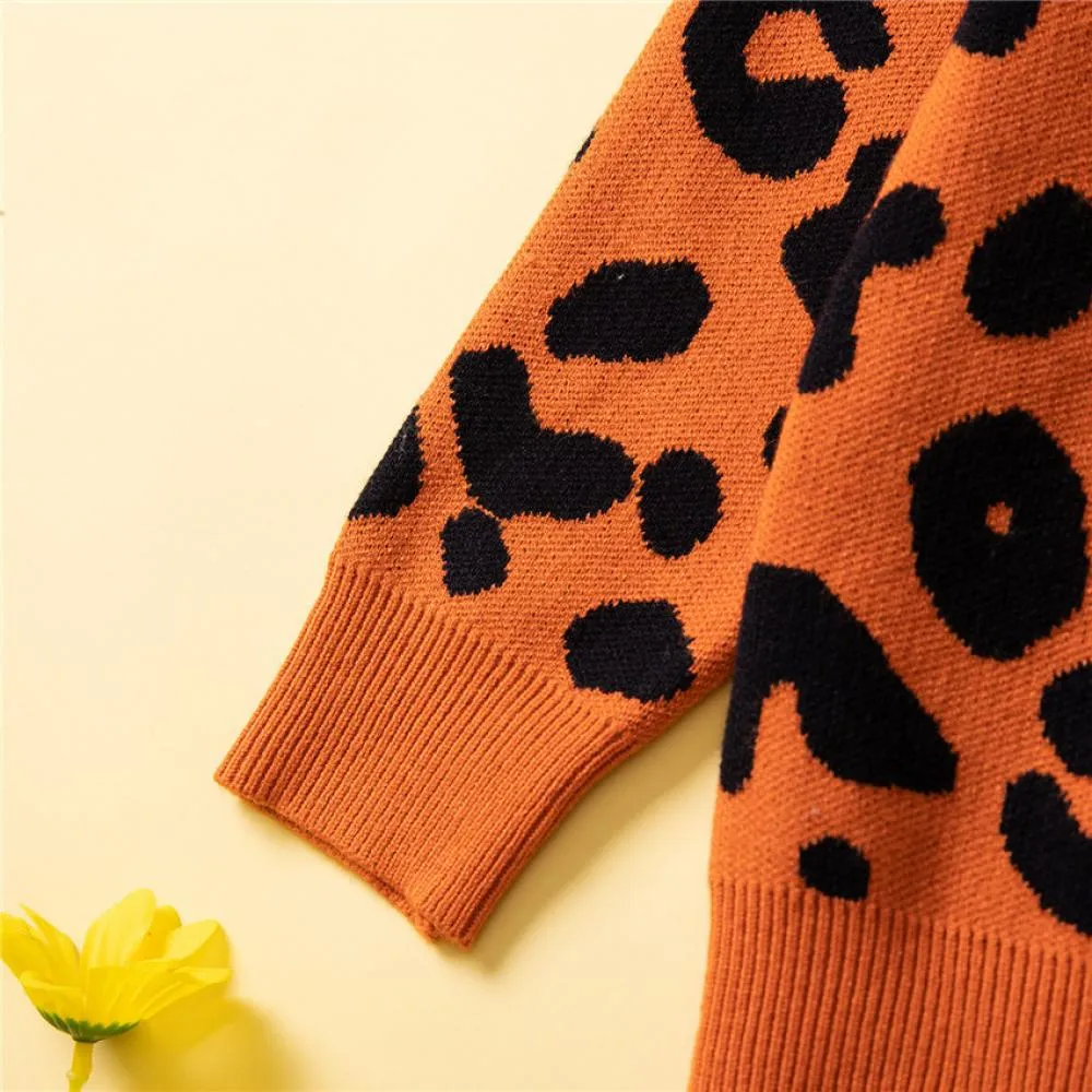 Girls Sweater Coat Autumn and Winter Leopard Print Knitted Cardigan Wholesale Girls Clothes
