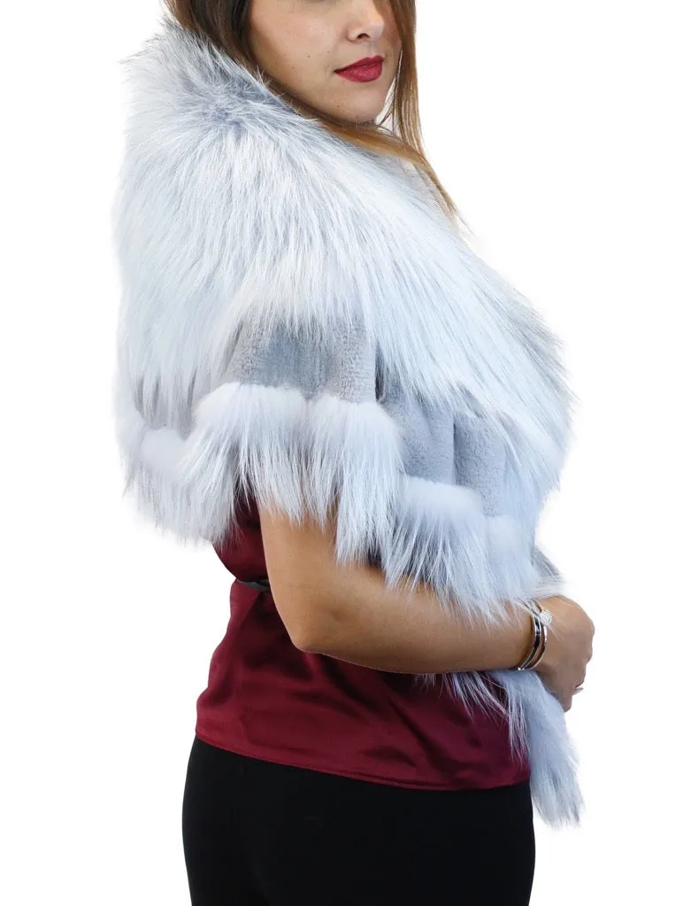 GRAY LAVENDER BLUE DYED SILVER FOX FUR & RABBIT FUR COLLAR/SHAWL/WRAP