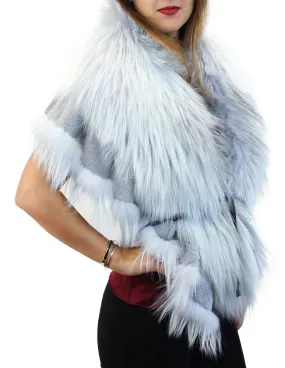 GRAY LAVENDER BLUE DYED SILVER FOX FUR & RABBIT FUR COLLAR/SHAWL/WRAP
