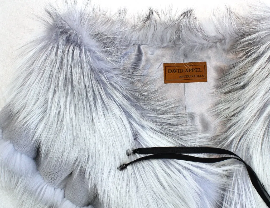 GRAY LAVENDER BLUE DYED SILVER FOX FUR & RABBIT FUR COLLAR/SHAWL/WRAP