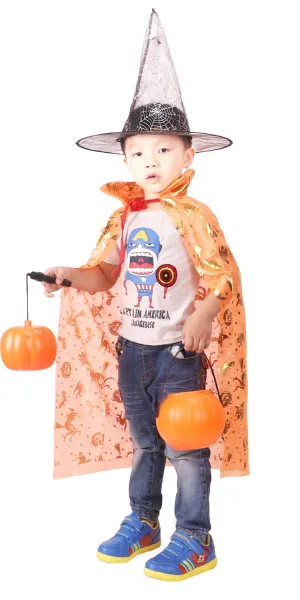 Halloween Cloak Cape Unisex Children Role Play Dress up Costume (Cape & Hat only)-Orange