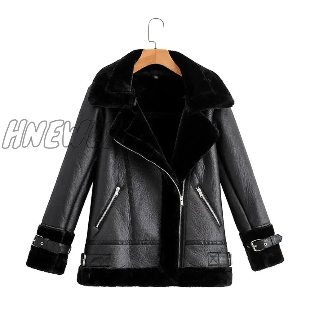 Hnewly Autumn Winter Coat Women Pu Faux Soft Leather Black White Sheepskin Fur Jacket Female Aviator Outwear Casaco Feminino Bday Outfits Black Girl
