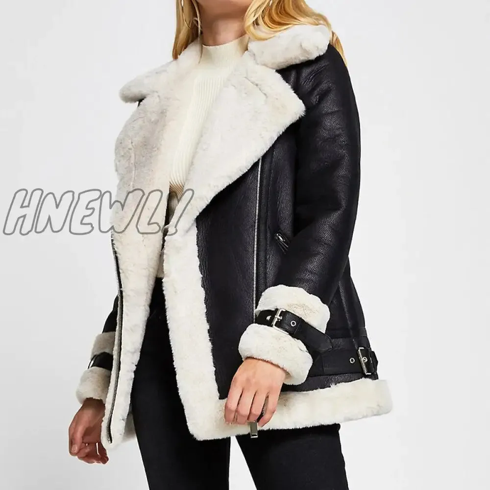 Hnewly Autumn Winter Coat Women Pu Faux Soft Leather Black White Sheepskin Fur Jacket Female Aviator Outwear Casaco Feminino Bday Outfits Black Girl
