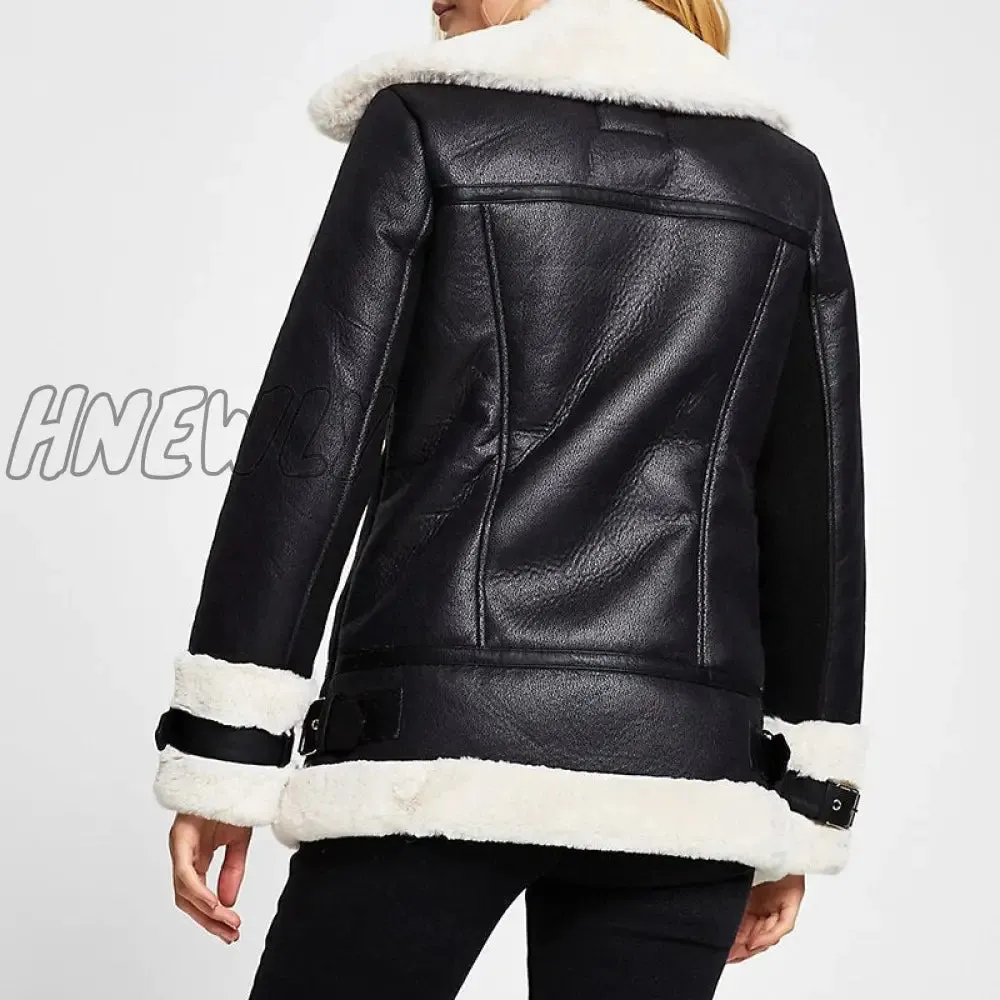 Hnewly Autumn Winter Coat Women Pu Faux Soft Leather Black White Sheepskin Fur Jacket Female Aviator Outwear Casaco Feminino Bday Outfits Black Girl
