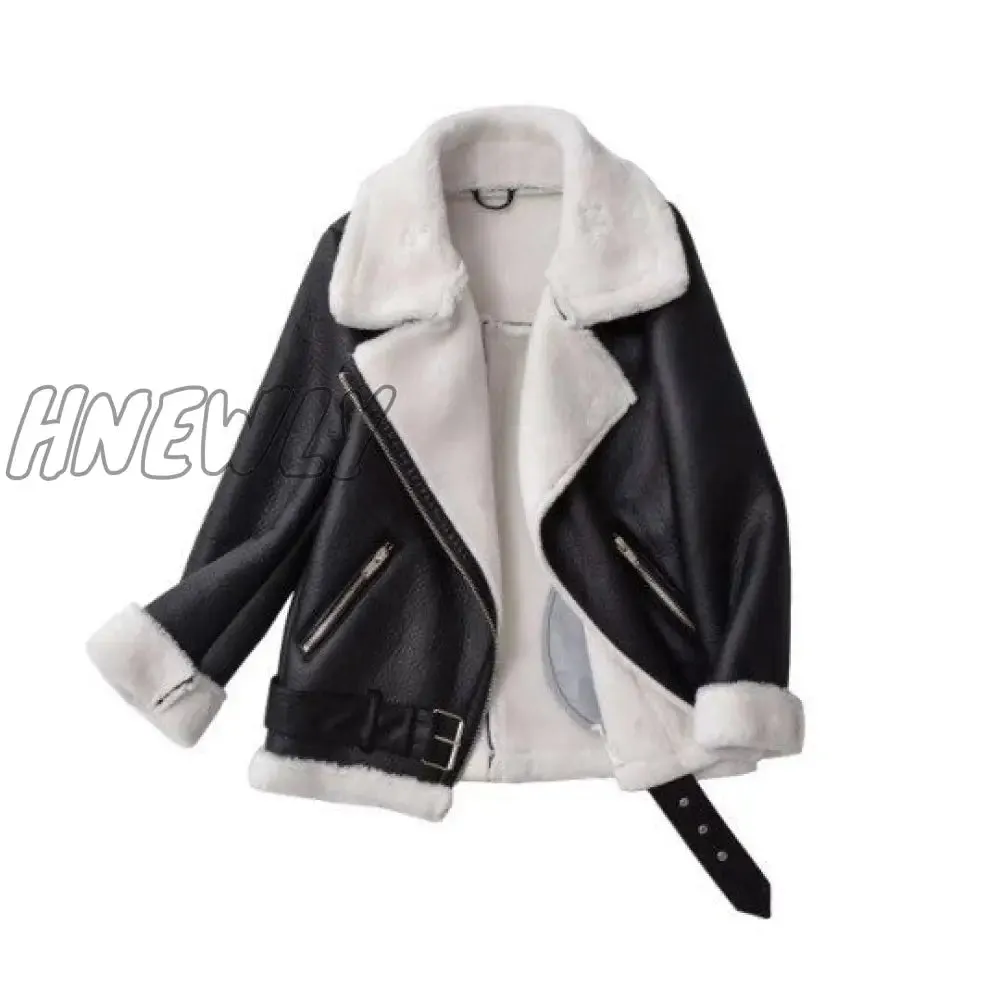 Hnewly Autumn Winter Coat Women Pu Faux Soft Leather Black White Sheepskin Fur Jacket Female Aviator Outwear Casaco Feminino Bday Outfits Black Girl