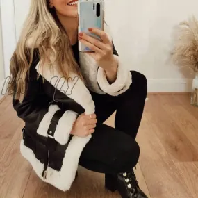 Hnewly Autumn Winter Coat Women Pu Faux Soft Leather Black White Sheepskin Fur Jacket Female Aviator Outwear Casaco Feminino Bday Outfits Black Girl