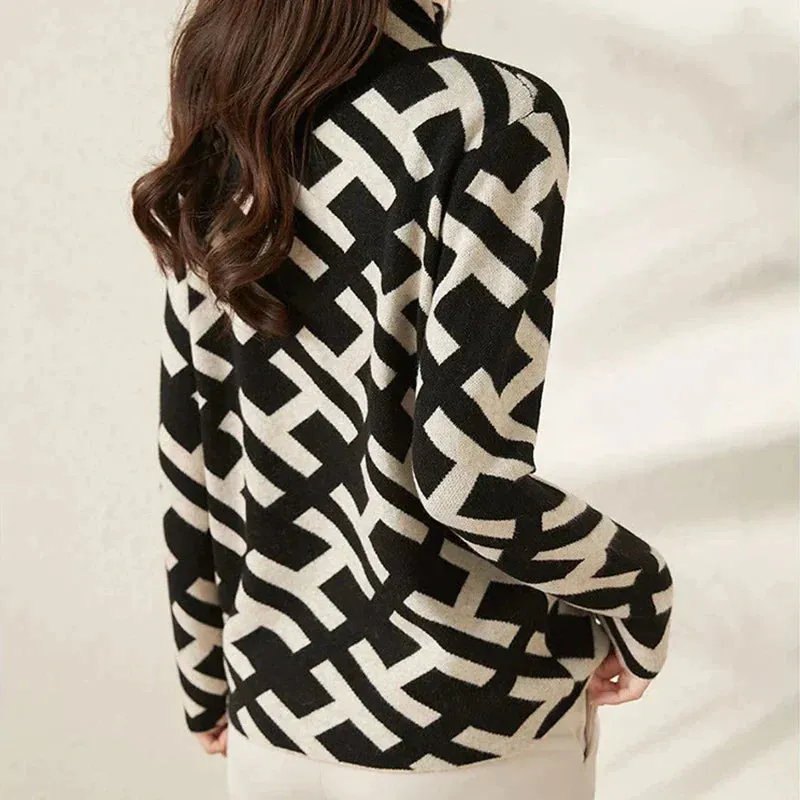 Ivyshape | Classic Couture Monogram Knitted Turtleneck Jumper for Women