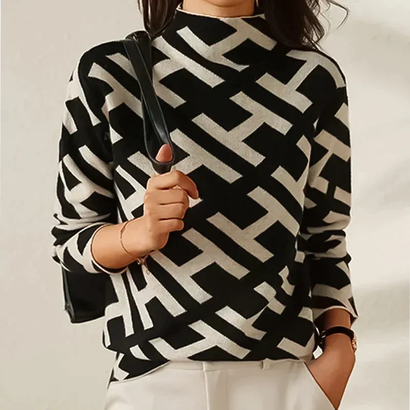 Ivyshape | Classic Couture Monogram Knitted Turtleneck Jumper for Women