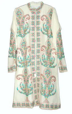 Kashmiri Woolen Coat Off-White, Multicolor Embroidery #AO-123