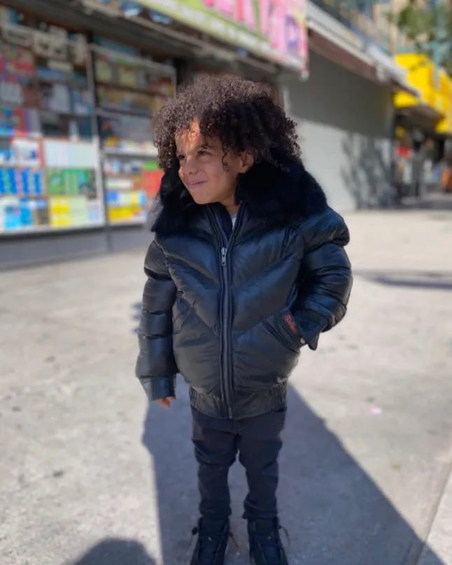 KIDS- BLACK V BOMBER WITH BLACK FOX COLLAR