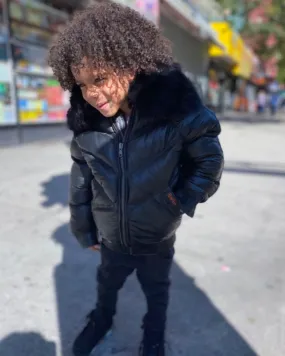 KIDS- BLACK V BOMBER WITH BLACK FOX COLLAR