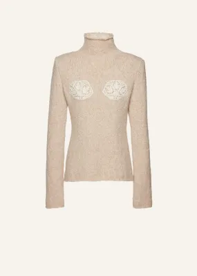 Lace bra cashmere turtleneck sweater in beige