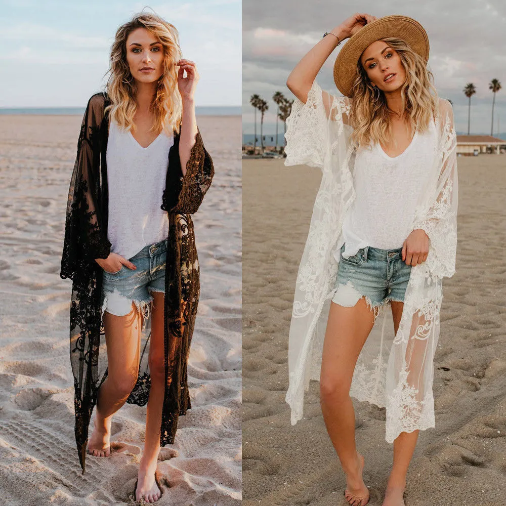 LANFUBEISI Beach Pareo Women Lace Cardigan Kaftan Shawl Coat Wear Swimwear Cover Up Blouse Tops  Sexy Bathing Suit Cape  for Swimsuit