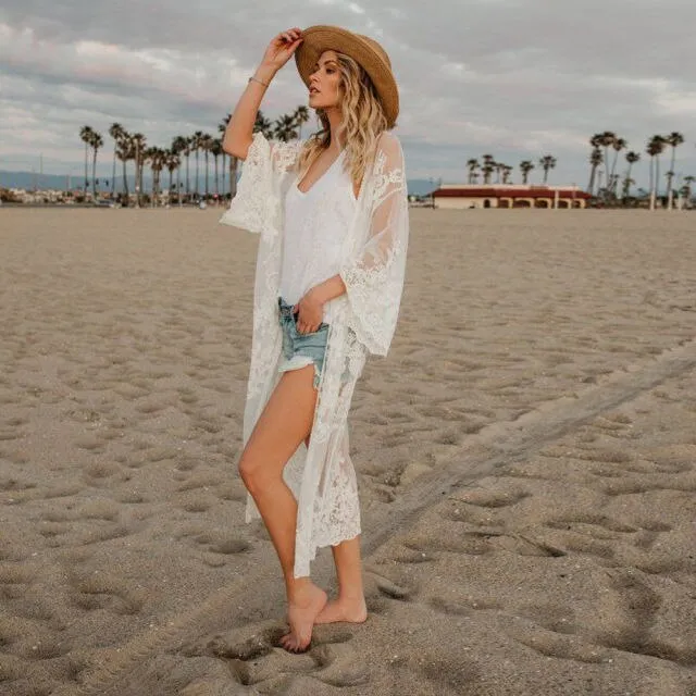 LANFUBEISI Beach Pareo Women Lace Cardigan Kaftan Shawl Coat Wear Swimwear Cover Up Blouse Tops  Sexy Bathing Suit Cape  for Swimsuit
