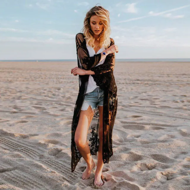 LANFUBEISI Beach Pareo Women Lace Cardigan Kaftan Shawl Coat Wear Swimwear Cover Up Blouse Tops  Sexy Bathing Suit Cape  for Swimsuit