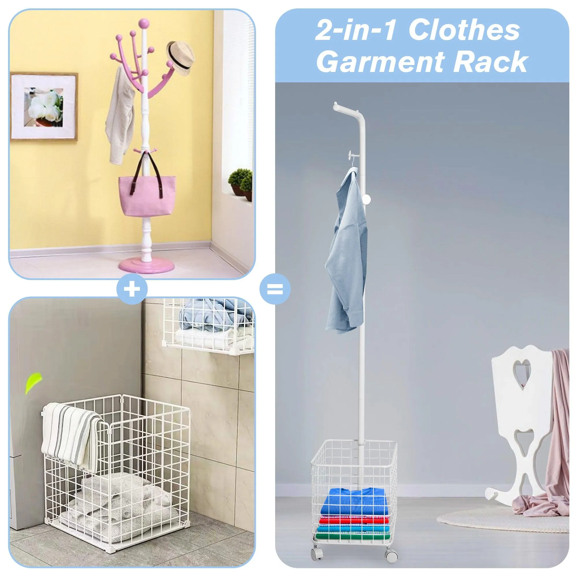Laundry Cart Wire Basket with Rolling Clothes Garment Rack, White