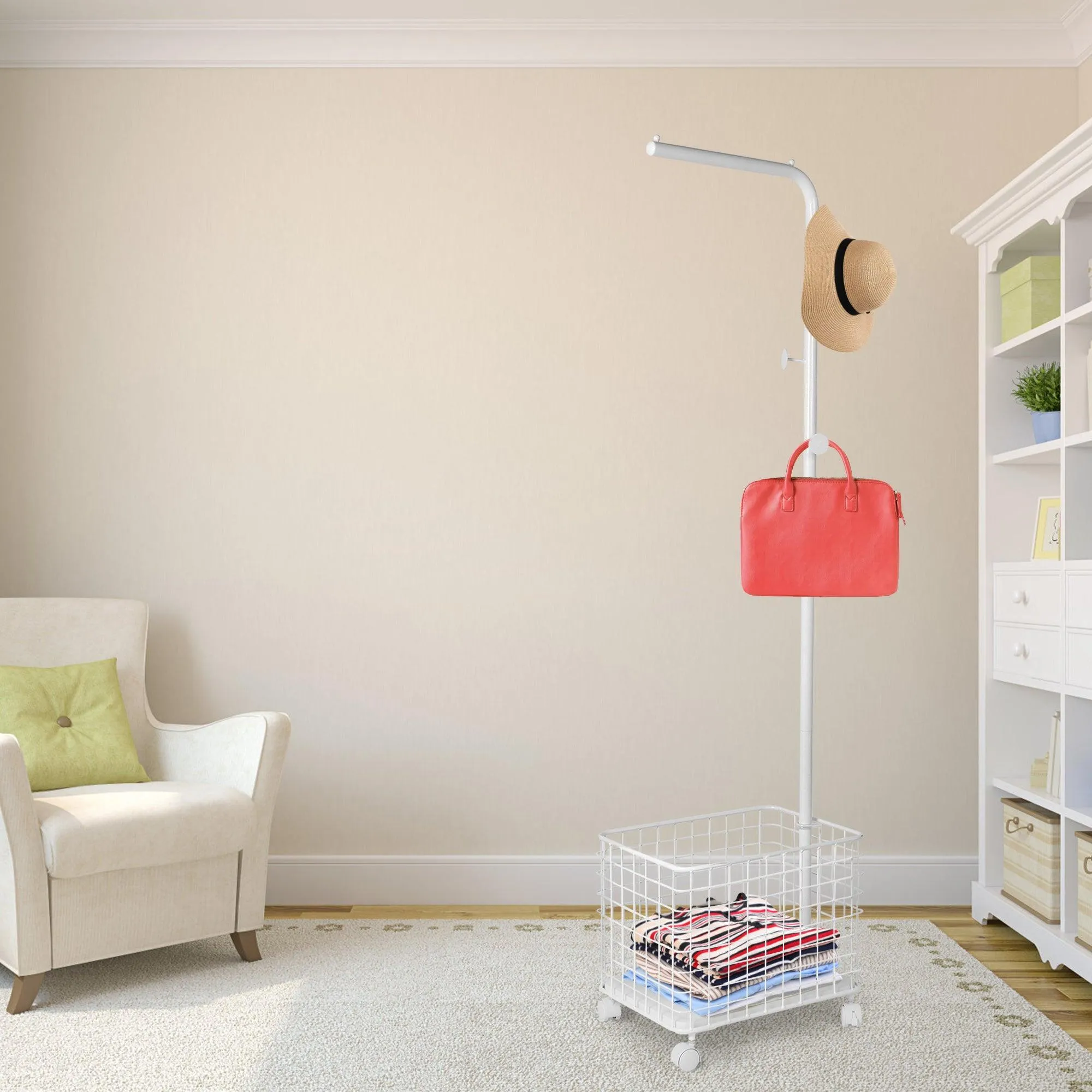 Laundry Cart Wire Basket with Rolling Clothes Garment Rack, White
