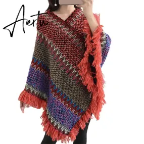 Loose Women Cape Coat Boho Knitted Tassel V Neck Colorful Irregular Hem Autumn Winter Ladies Coat Sweater Cloak Jacket Sweater