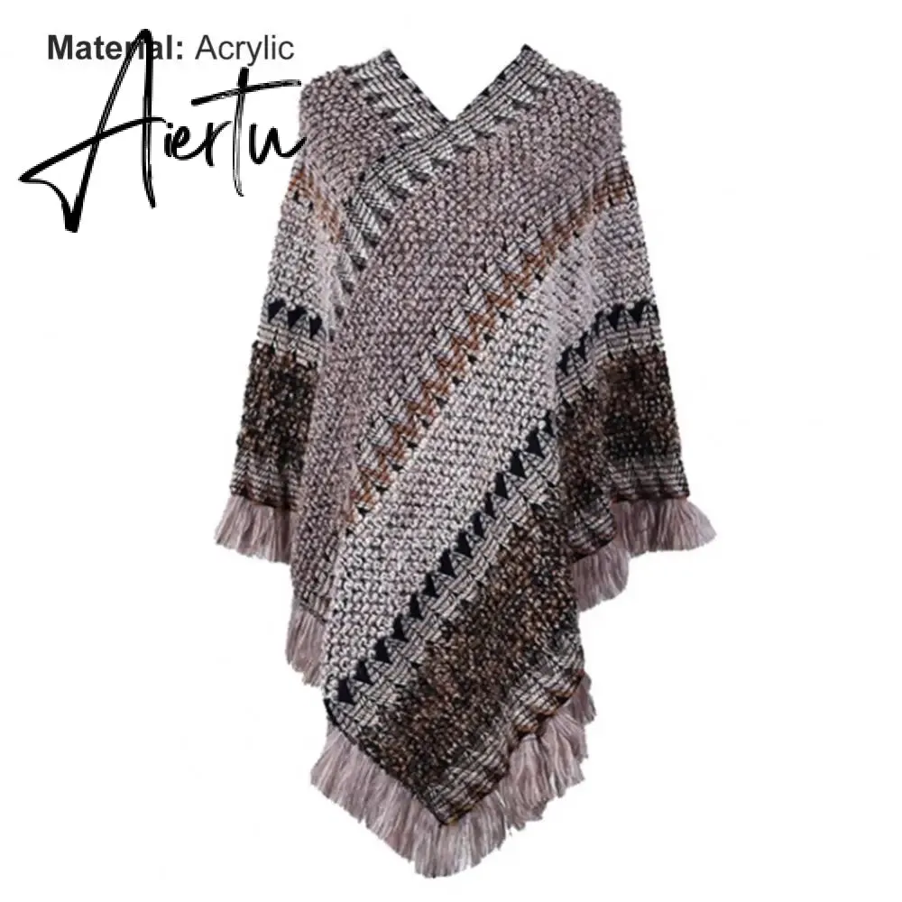 Loose Women Cape Coat Boho Knitted Tassel V Neck Colorful Irregular Hem Autumn Winter Ladies Coat Sweater Cloak Jacket Sweater