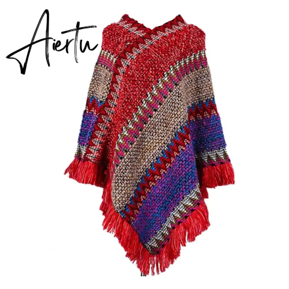 Loose Women Cape Coat Boho Knitted Tassel V Neck Colorful Irregular Hem Autumn Winter Ladies Coat Sweater Cloak Jacket Sweater